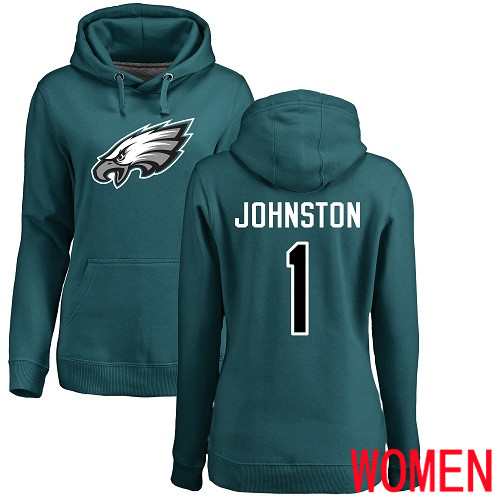 Women Philadelphia Eagles #1 Cameron Johnston Green Name and Number Logo NFL Pullover Hoodie Sweatshirts